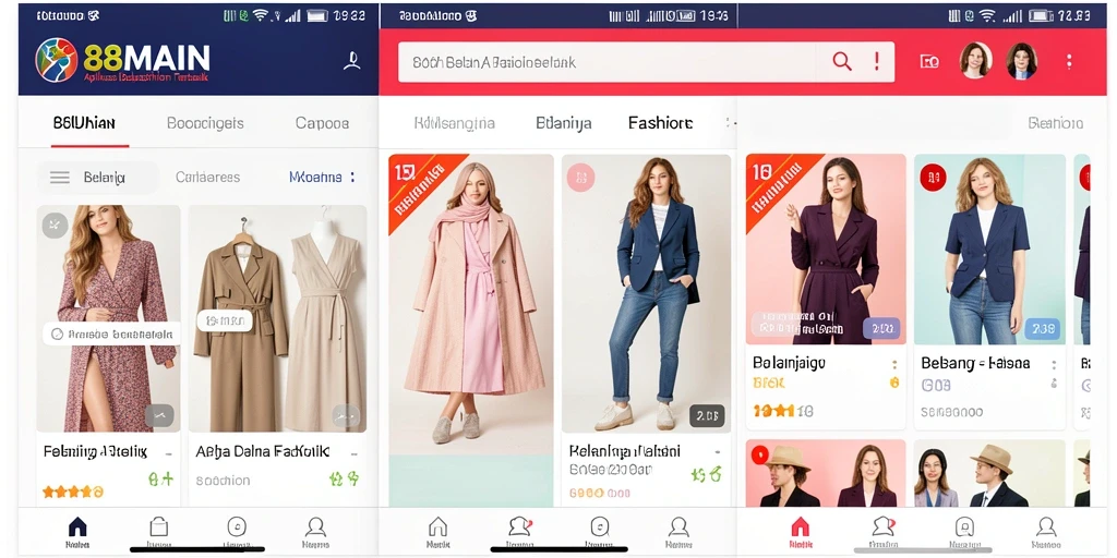 Antarmuka aplikasi 88MAIN menampilkan berbagai produk fashion menarik.